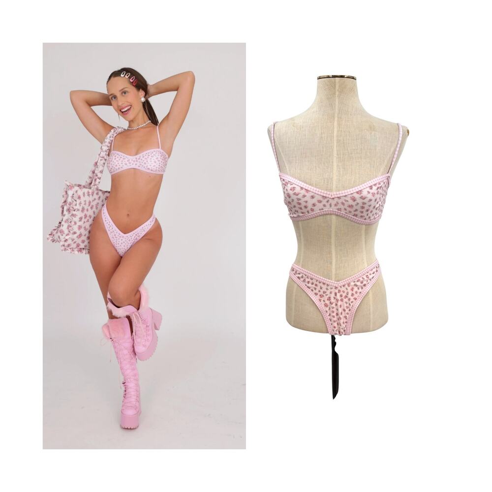 Strawberry Milk Mob Ginger Bread Bikini Set Floral Gingham Pink Size Small
